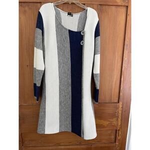 NWT Women’s Reksor White Gray Navy Bold Stripe Long Cardigan Sweater Size S